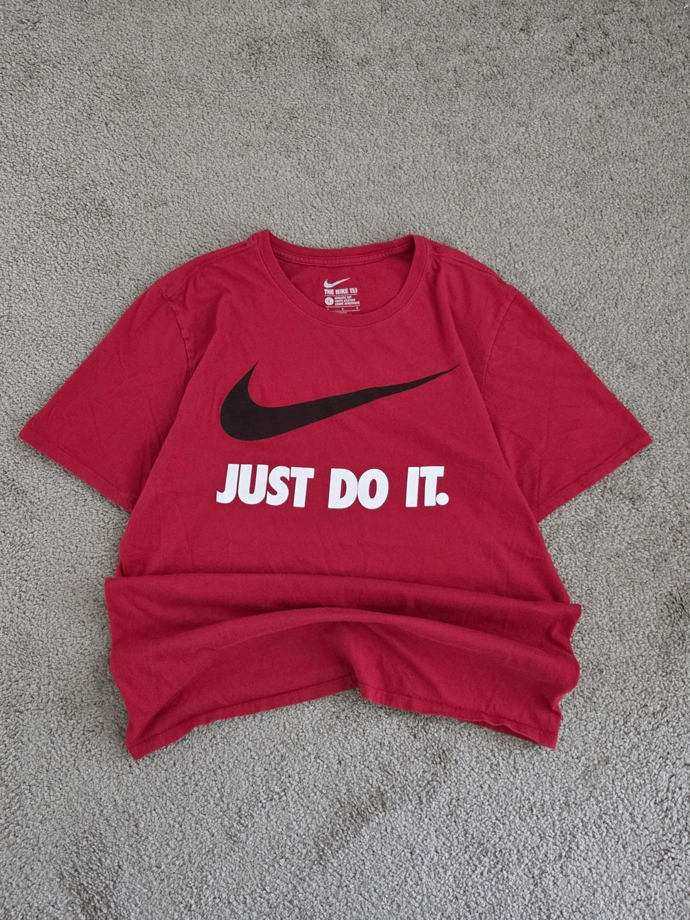 Vintage Nike Red 'Just Do It.' Logo Tee with Black Swoosh Men's L